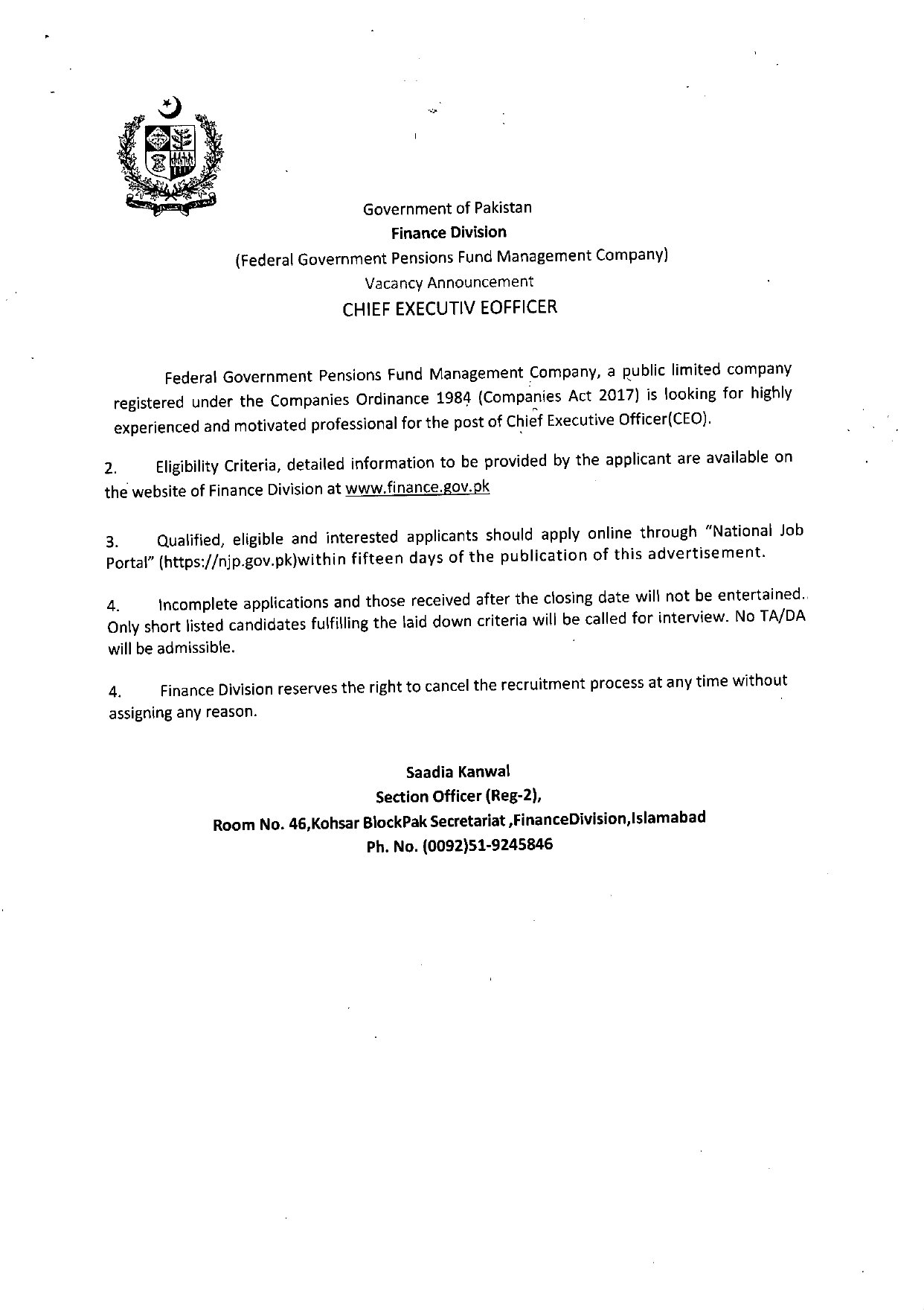 Exceptional Career Opportunity 2026: CEO at Federal Government Pensions Fund Management Company