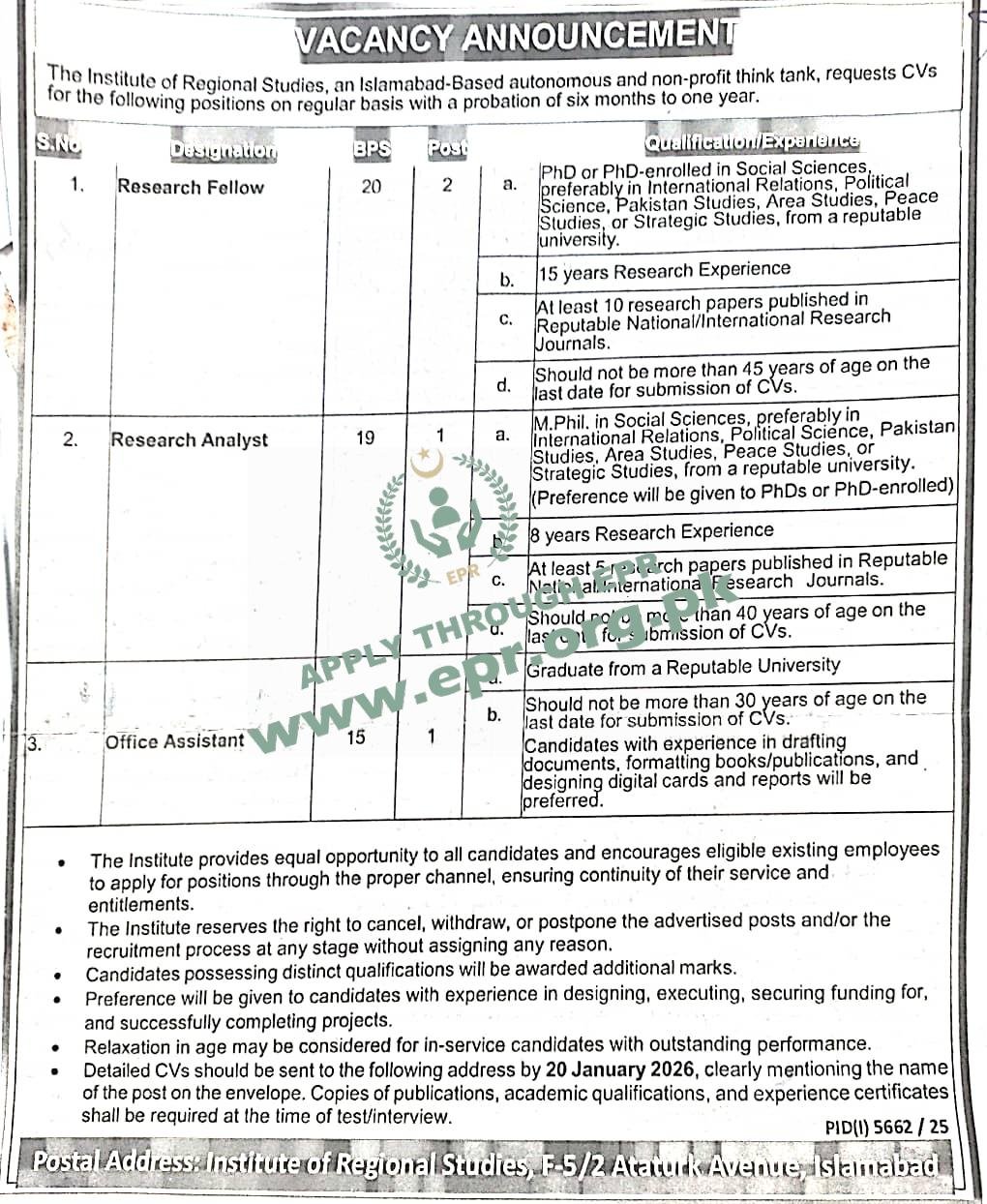 Elite Opportunity: Join the Prestigious Institute of Regional Studies Islamabad Jobs 2026 Today!