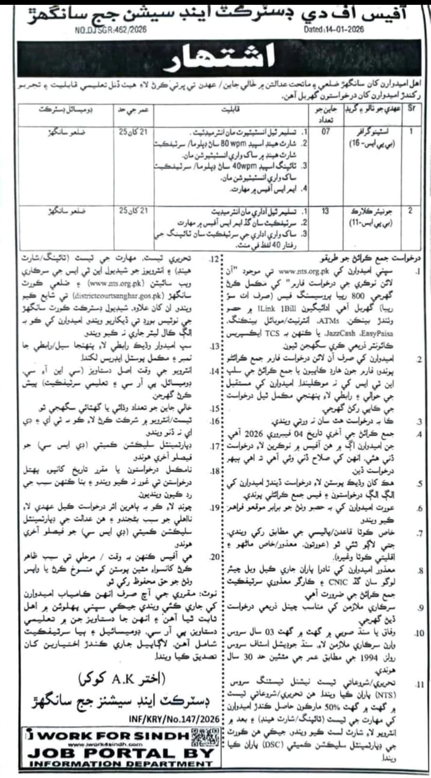 District and Sessions Judge Sanghar Jobs 2026