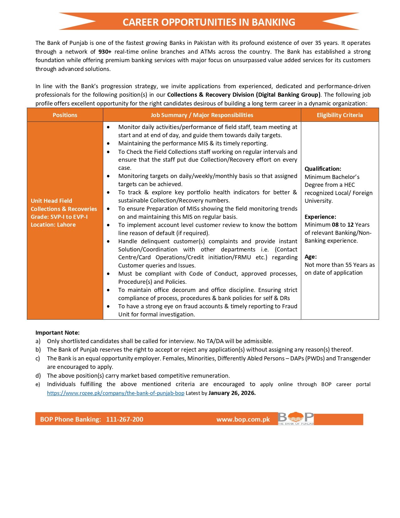 Amazing Bank of Punjab Careers 2026