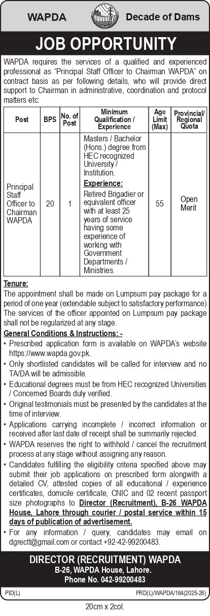 Promising WAPDA Jobs 2026: Apply for Principal Staff Officer Positions