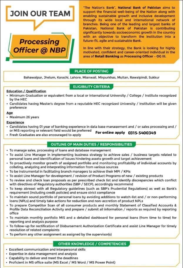 Join NBP as a Processing Officer (OG-III) 2026