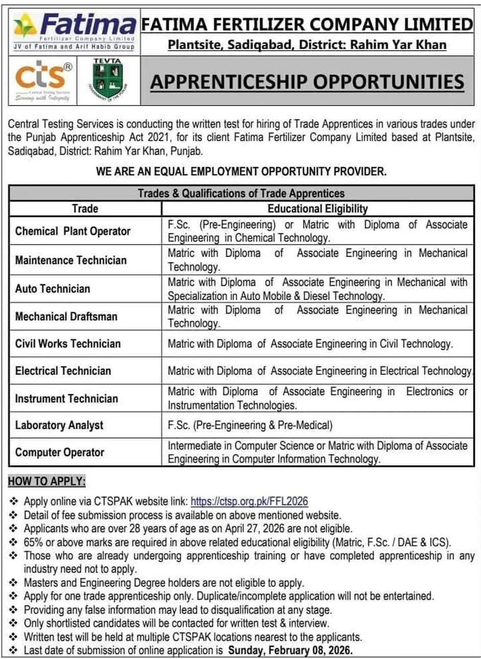 Fatima Fertilizer Apprenticeship 2026