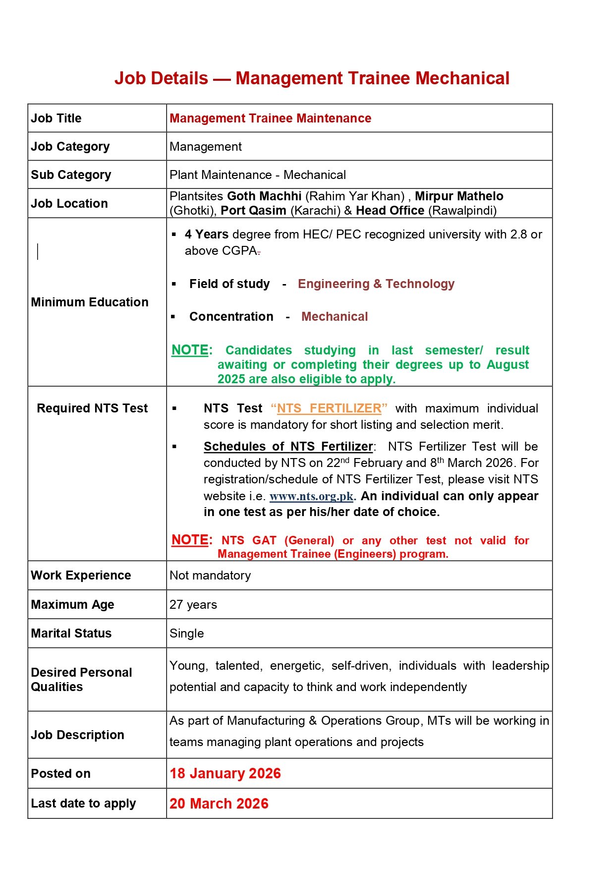 FFC Management Trainee Mechanical 2026