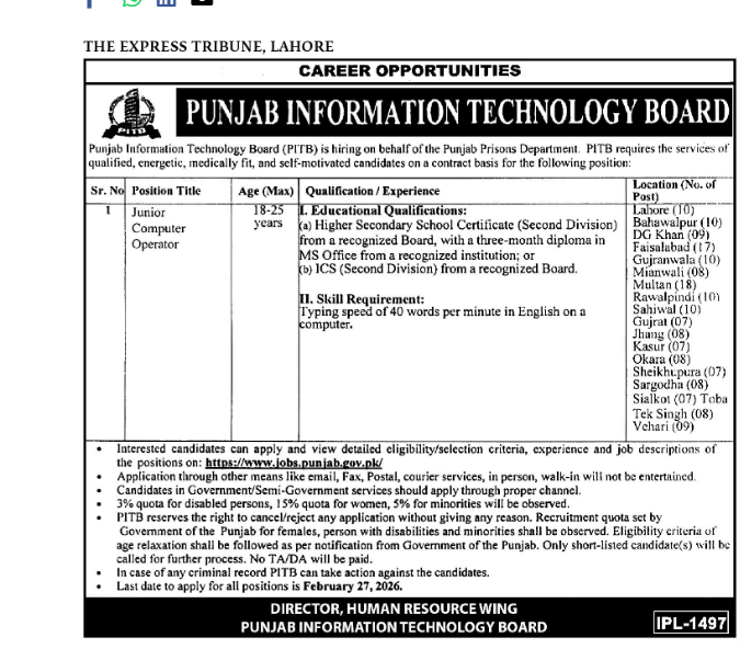 Excellent PITB Computer Operator Jobs 2026 – 171 Posts at Punjab Prisons Department
