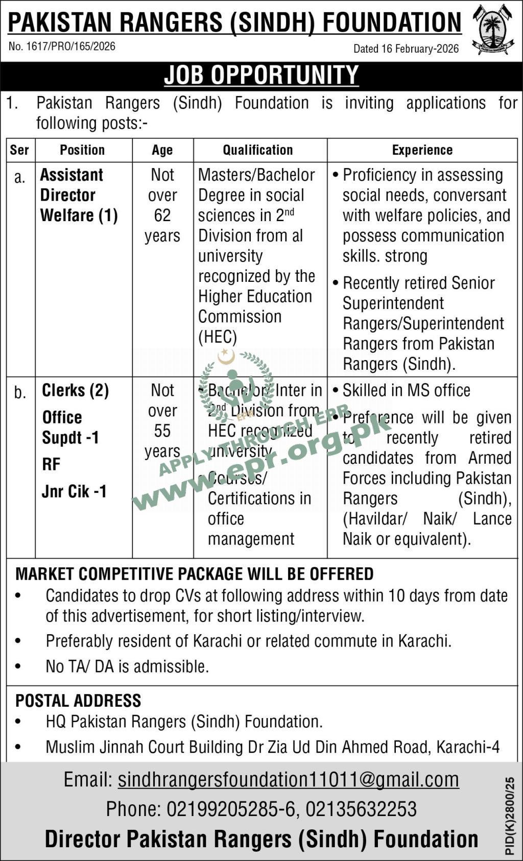 Rangers Sindh Foundation Career Jobs 2026