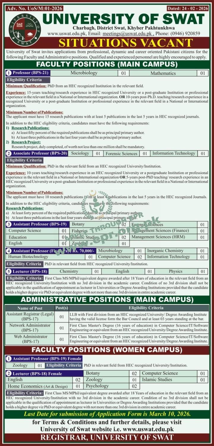 University of Swat Jobs 2026