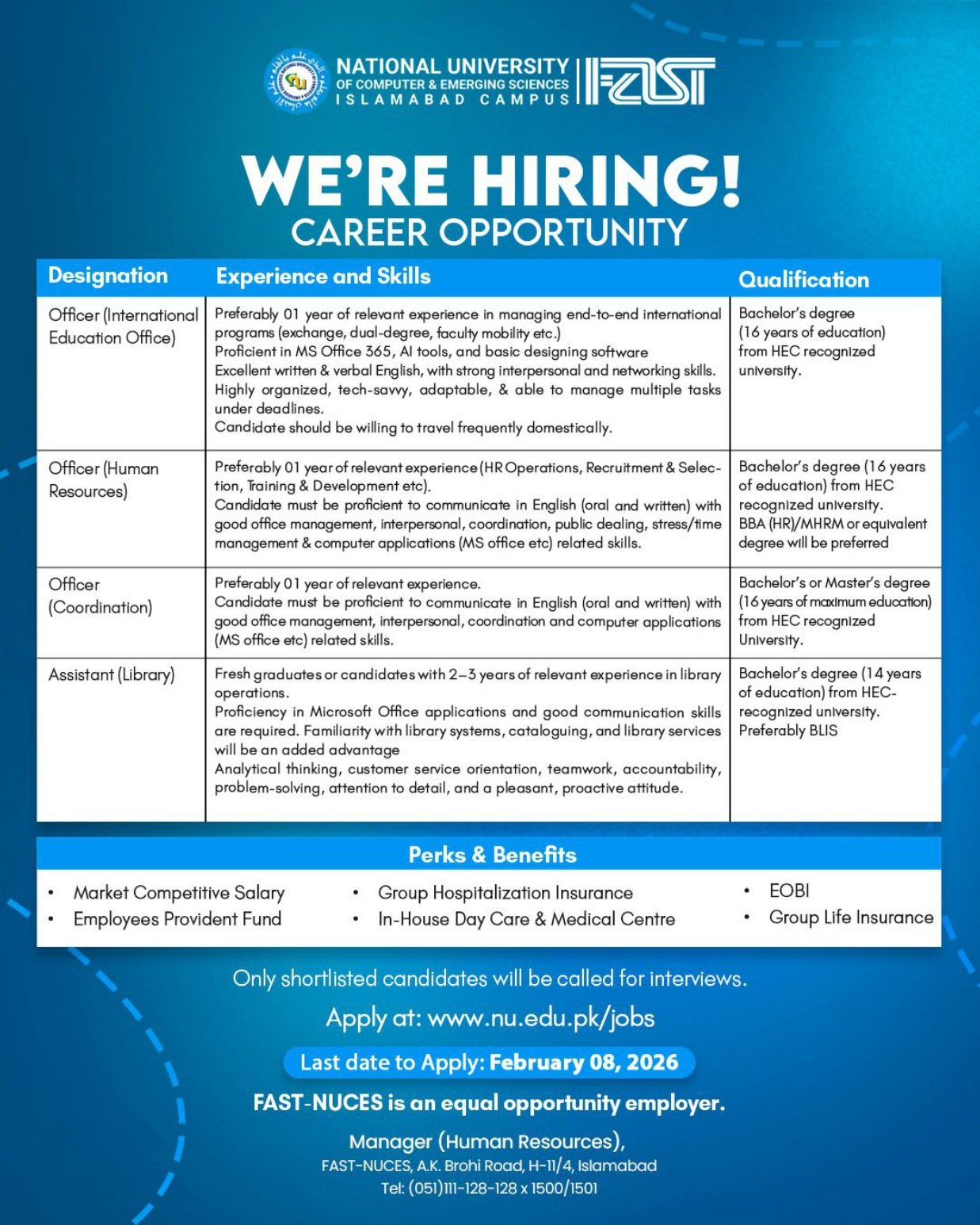 FAST-NUCES Islamabad Non-Faculty Jobs 2026