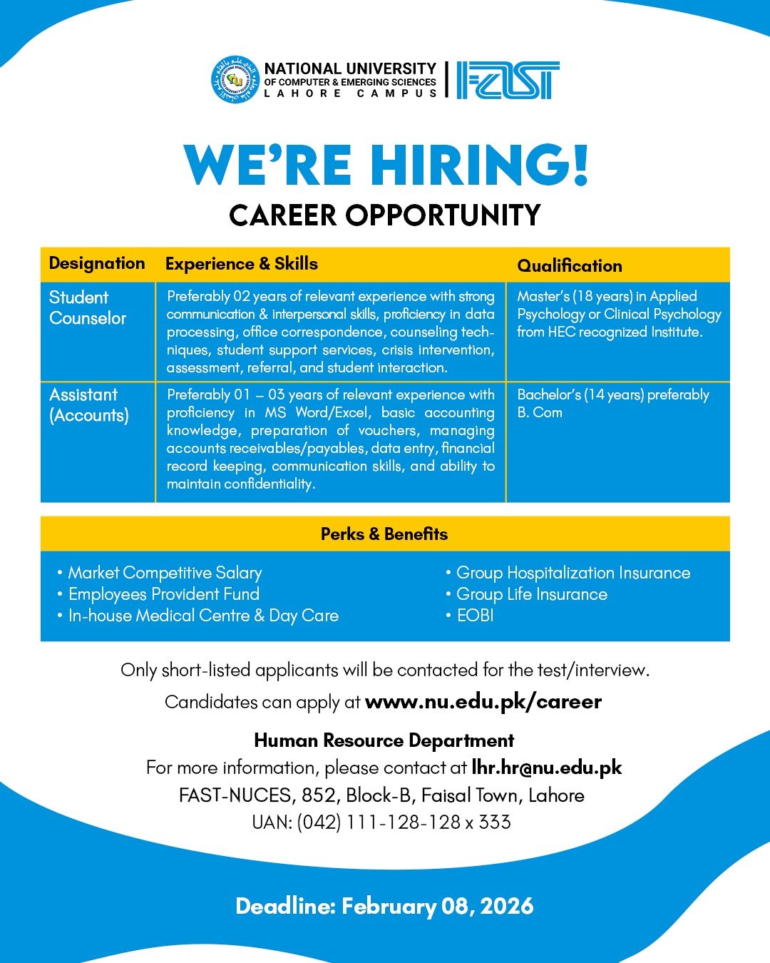 FAST NUCES Lahore Jobs 2026