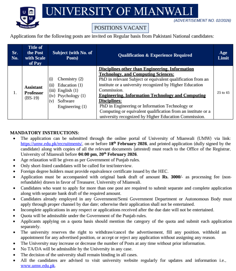 Outstanding University of Mianwali Assistant Professor Jobs 2026 – Apply Now!