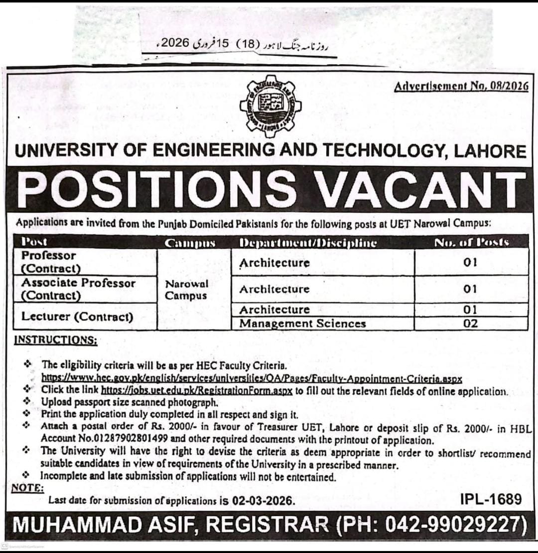 UET Lahore Narowal Campus Faculty Jobs 2026
