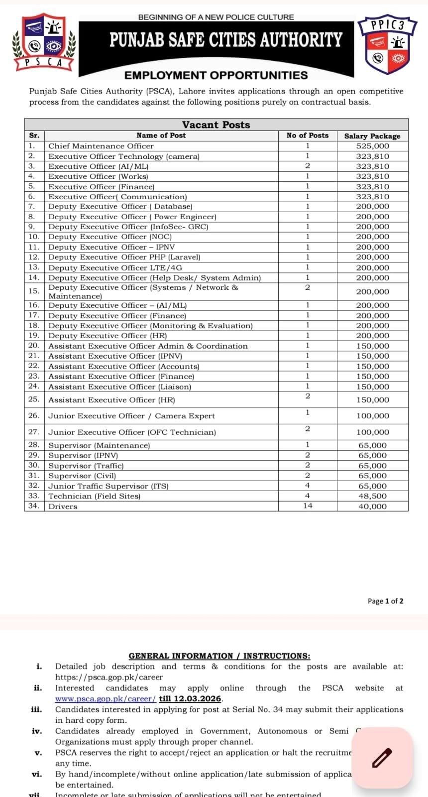 Punjab Safe Cities Authority PSCA Jobs 2026