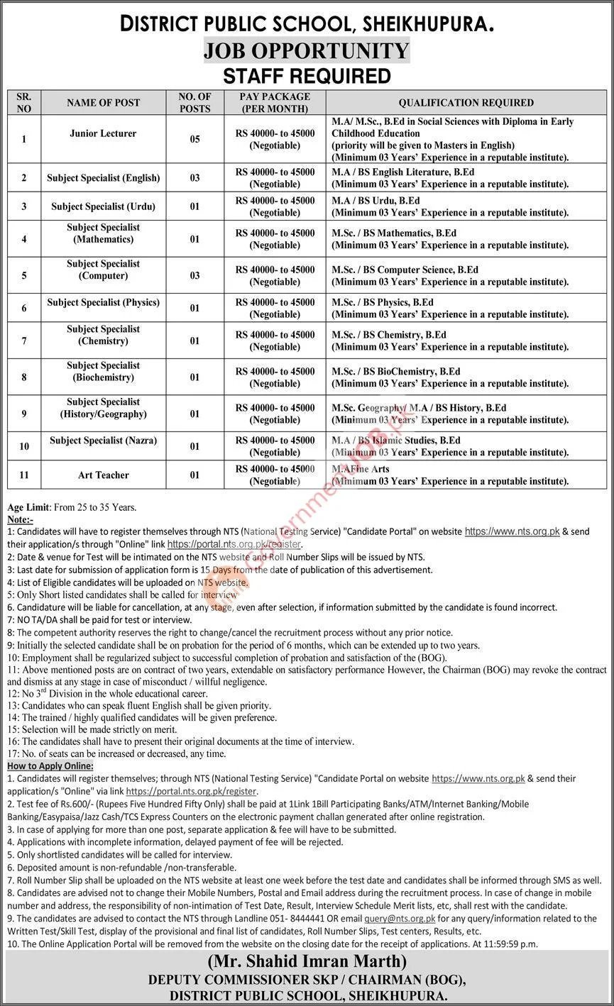 DPS Sheikhupura Careers 2026