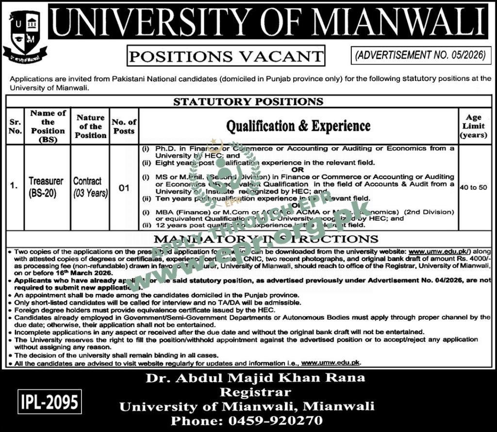 University of Mianwali Treasurer Jobs 2026