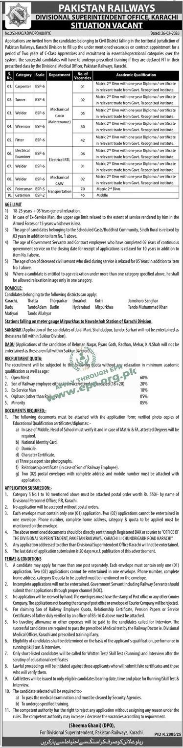 Pakistan Railways Karachi Careers 2026