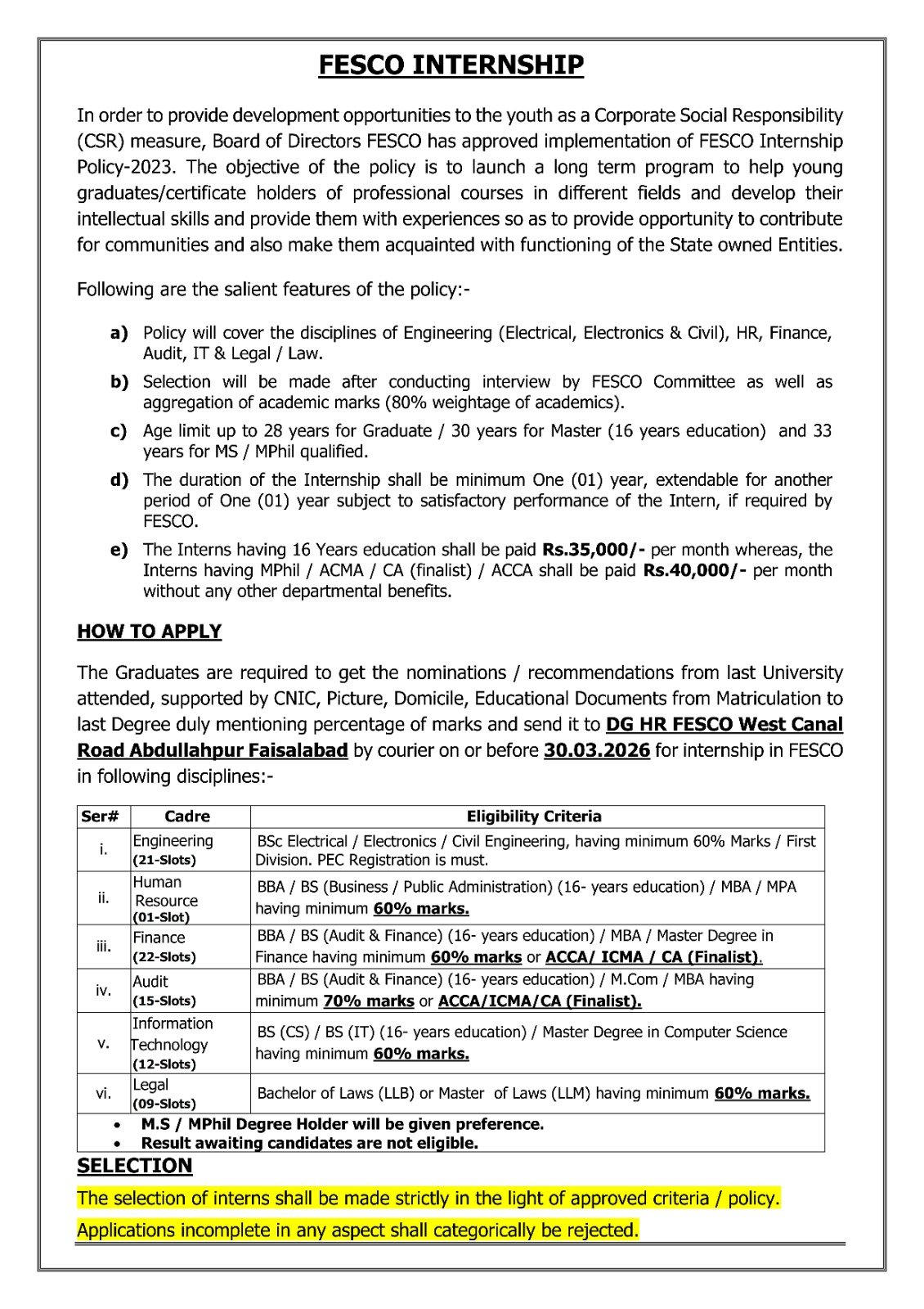 FESCO Internship 2026