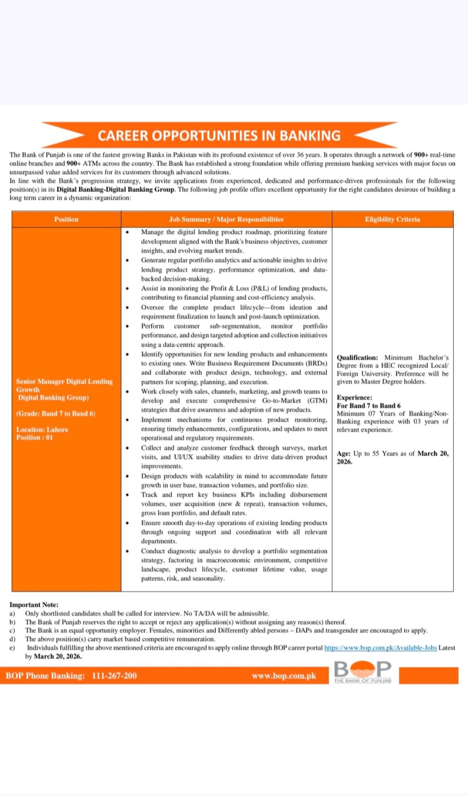 The Bank of Punjab Jobs 2026: Incredible Opportunity for Digital Banking Leaders