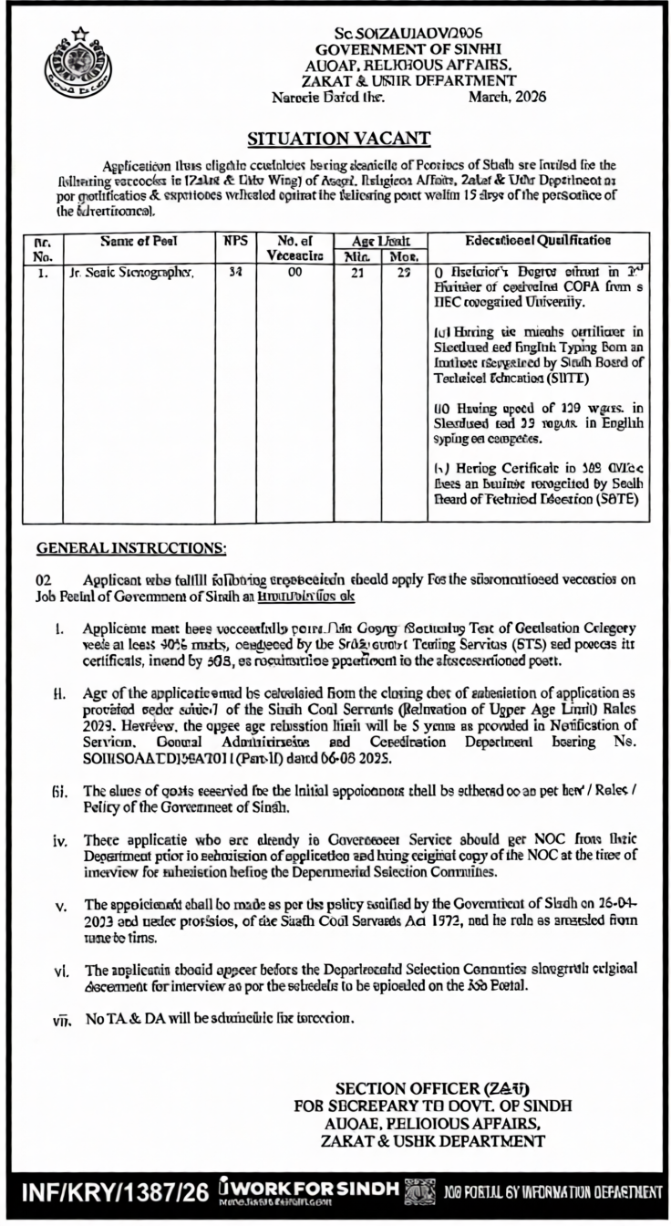 Great Opportunity: Auqaf Religious Affairs Zakat & Ushr Department Sindh Jobs 2026